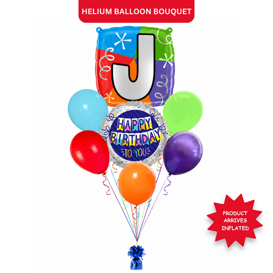 Customizable Alphabet "J" Square Shaped Balloon with Customized Name Stickers Bouquet Set of 7PC | Customizable Name Inital Balloons| Choose Your Name | Helium Filled & Delivers Inflated