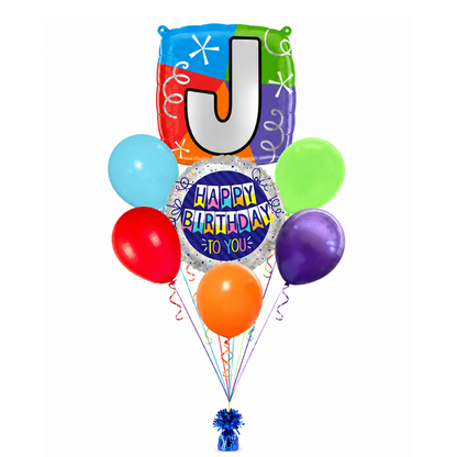 Customizable Alphabet "J" Square Shaped Balloon with Customized Name Stickers Bouquet Set of 7PC | Customizable Name Inital Balloons| Choose Your Name | Helium Filled & Delivers Inflated