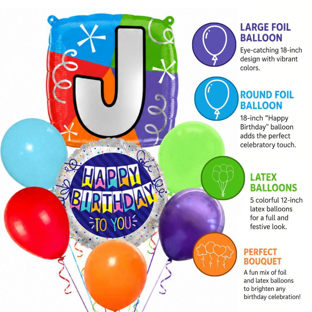Customizable Alphabet "J" Square Shaped Balloon with Customized Name Stickers Bouquet Set of 7PC | Customizable Name Inital Balloons| Choose Your Name | Helium Filled & Delivers Inflated