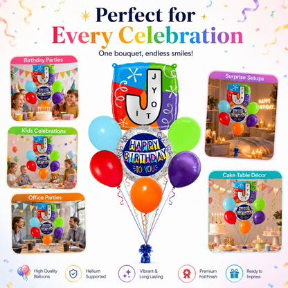 Customizable Alphabet "J" Square Shaped Balloon with Customized Name Stickers Bouquet Set of 7PC | Customizable Name Inital Balloons| Choose Your Name | Helium Filled & Delivers Inflated