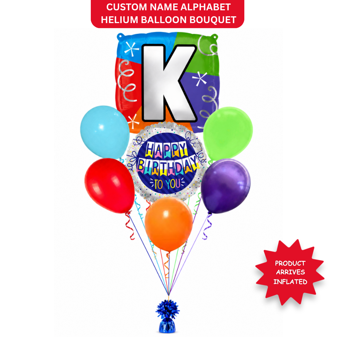 Customizable Alphabet "K" Square Shaped Balloon with Customized Name Stickers Bouquet Set of 7PC | Customizable Name Initial Balloons | Choose Your Name | Helium Filled & Delivers Inflated