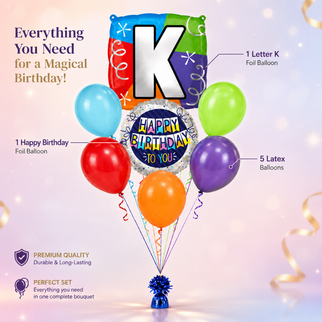 Customizable Alphabet "K" Square Shaped Balloon with Customized Name Stickers Bouquet Set of 7PC | Customizable Name Initial Balloons | Choose Your Name | Helium Filled & Delivers Inflated