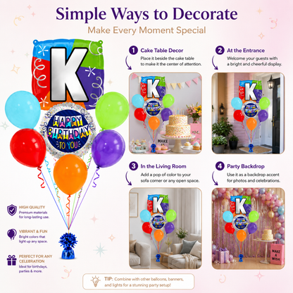 Customizable Alphabet "K" Square Shaped Balloon with Customized Name Stickers Bouquet Set of 7PC | Customizable Name Initial Balloons | Choose Your Name | Helium Filled & Delivers Inflated