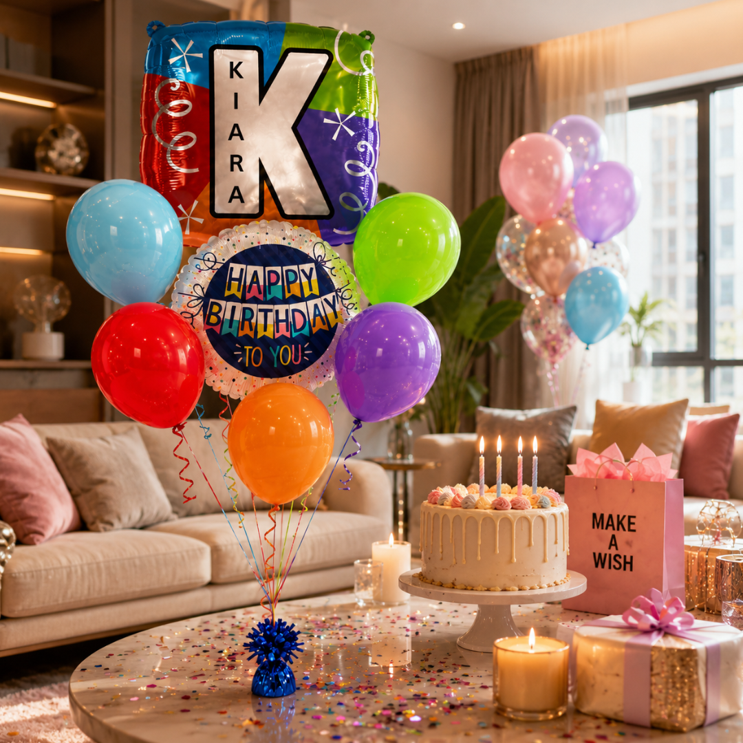 Customizable Alphabet "K" Square Shaped Balloon with Customized Name Stickers Bouquet Set of 7PC | Customizable Name Initial Balloons | Choose Your Name | Helium Filled & Delivers Inflated