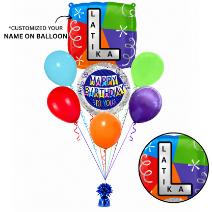 Customizable Alphabet "L" Square Shaped Balloon with Customized Name Stickers Bouquet Set of 7PC | Customizable Name Initial Balloons | Choose Your Name | Helium Filled & Delivers Inflated