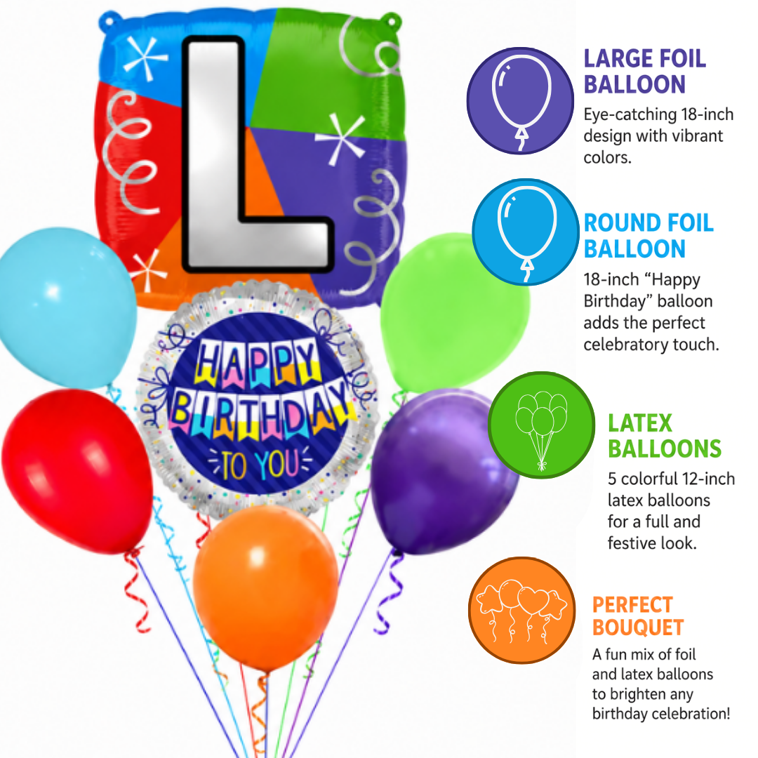 Customizable Alphabet "L" Square Shaped Balloon with Customized Name Stickers Bouquet Set of 7PC | Customizable Name Initial Balloons | Choose Your Name | Helium Filled & Delivers Inflated