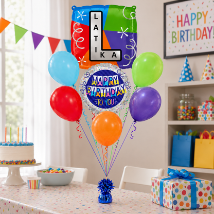 Customizable Alphabet "L" Square Shaped Balloon with Customized Name Stickers Bouquet Set of 7PC | Customizable Name Initial Balloons | Choose Your Name | Helium Filled & Delivers Inflated
