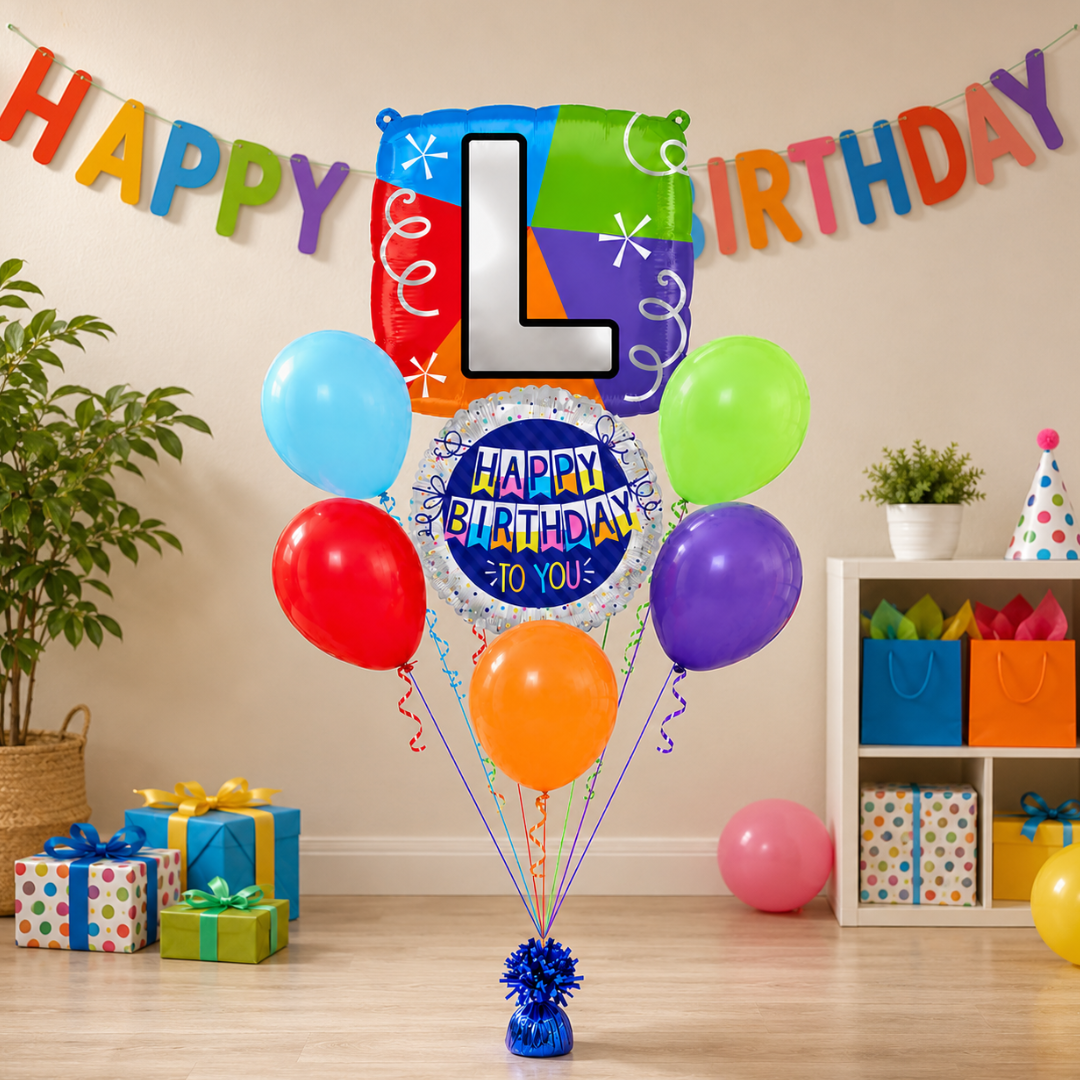 Customizable Alphabet "L" Square Shaped Balloon with Customized Name Stickers Bouquet Set of 7PC | Customizable Name Initial Balloons | Choose Your Name | Helium Filled & Delivers Inflated