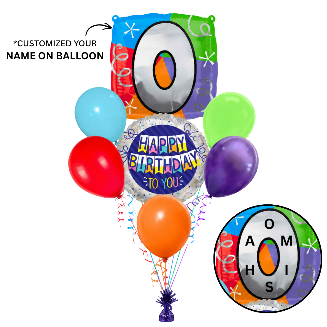 Customizable Alphabet "O" Square Shaped Balloon with Customized Name Stickers Bouquet Set of 7PC | Customizable Name Inital Balloons| Choose Your Name | Helium Filled & Delivers Inflated