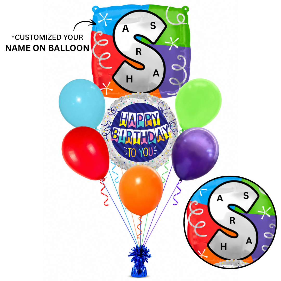 Customizable Alphabet "S" Square Shaped Balloon with Customized Name Stickers Bouquet Set of 7PC | Customizable Name Initial Balloons | Choose Your Name | Helium Filled & Delivers Inflated