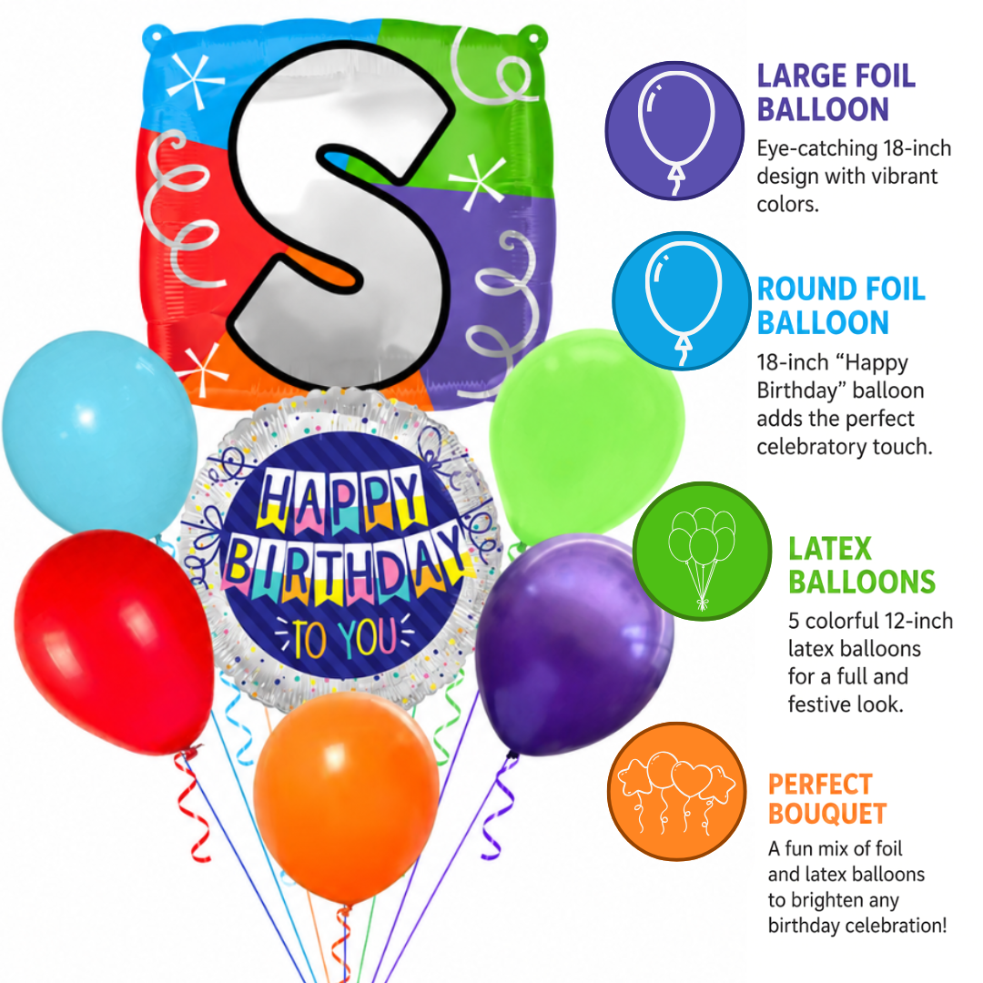 Customizable Alphabet "S" Square Shaped Balloon with Customized Name Stickers Bouquet Set of 7PC | Customizable Name Initial Balloons | Choose Your Name | Helium Filled & Delivers Inflated