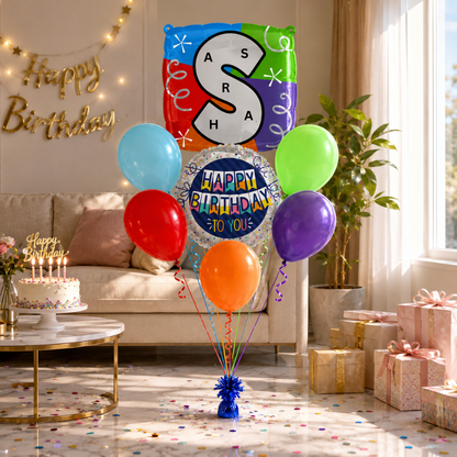 Customizable Alphabet "S" Square Shaped Balloon with Customized Name Stickers Bouquet Set of 7PC | Customizable Name Initial Balloons | Choose Your Name | Helium Filled & Delivers Inflated