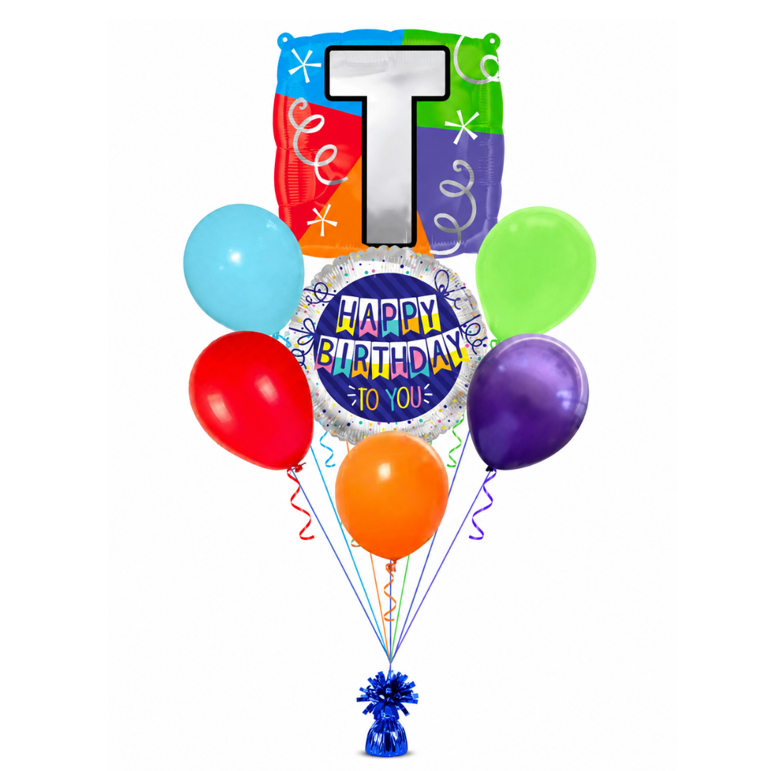 Customizable Alphabet "T" Square Shaped Balloon with Customized Name Stickers Bouquet Set of 7PC | Customizable Name Initial Balloons | Choose Your Name | Helium Filled & Delivers Inflated