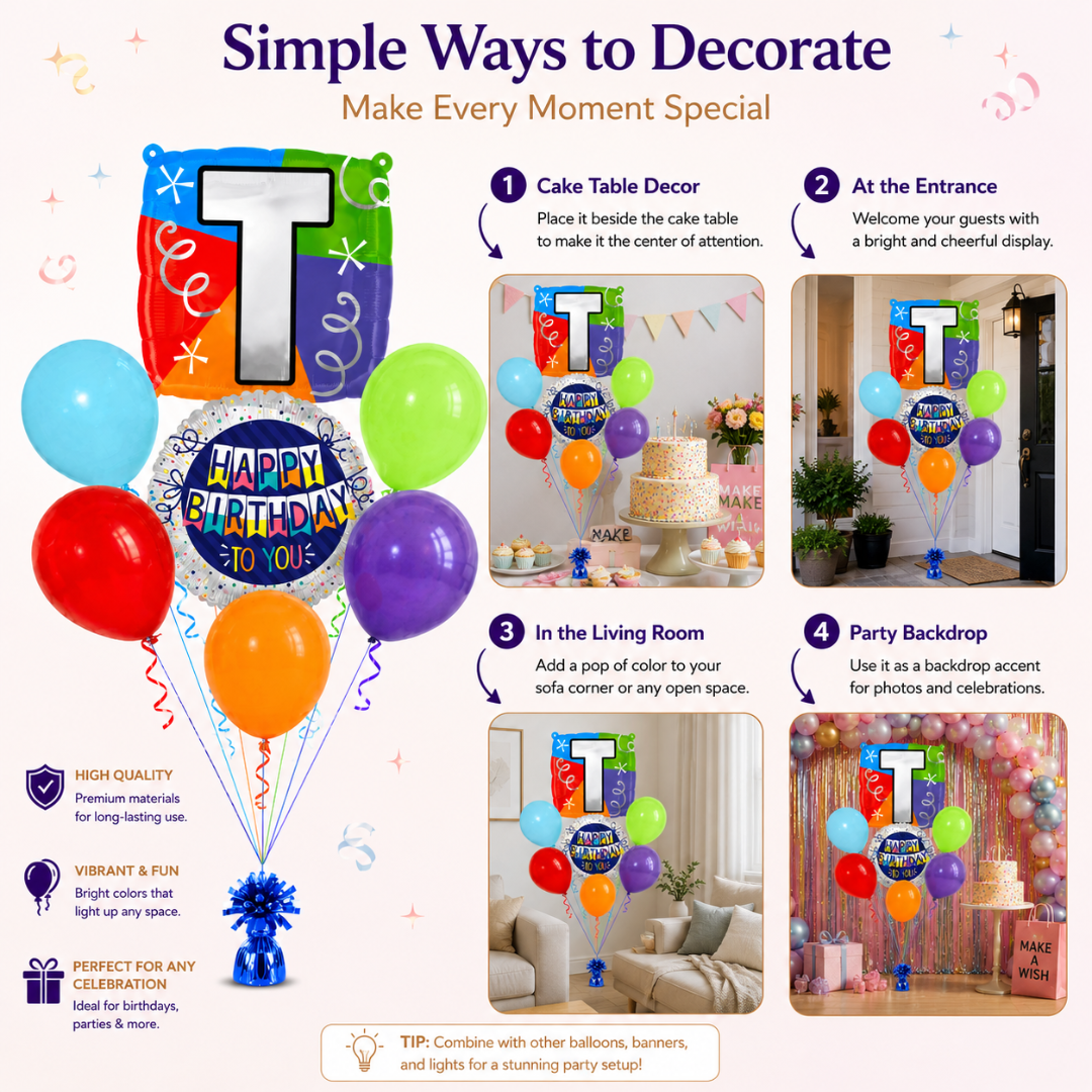 Customizable Alphabet "T" Square Shaped Balloon with Customized Name Stickers Bouquet Set of 7PC | Customizable Name Initial Balloons | Choose Your Name | Helium Filled & Delivers Inflated