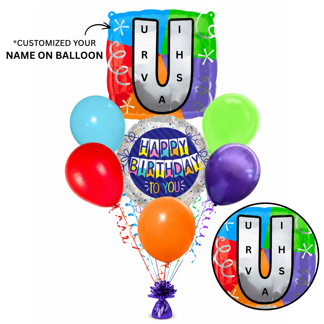 Customizable Alphabet "U" Square Shaped Balloon with Customized Name Stickers Bouquet Set of 7PC | Customizable Name Initial Balloons | Choose Your Name | Helium Filled & Delivers Inflated