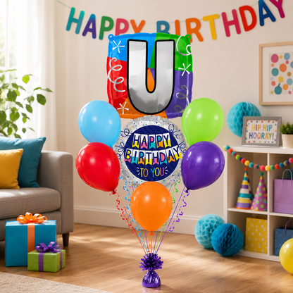 Customizable Alphabet "U" Square Shaped Balloon with Customized Name Stickers Bouquet Set of 7PC | Customizable Name Initial Balloons | Choose Your Name | Helium Filled & Delivers Inflated