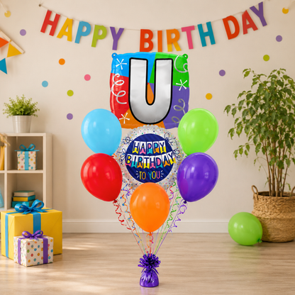 Customizable Alphabet "U" Square Shaped Balloon with Customized Name Stickers Bouquet Set of 7PC | Customizable Name Initial Balloons | Choose Your Name | Helium Filled & Delivers Inflated