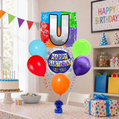 Customizable Alphabet "U" Square Shaped Balloon with Customized Name Stickers Bouquet Set of 7PC | Customizable Name Initial Balloons | Choose Your Name | Helium Filled & Delivers Inflated