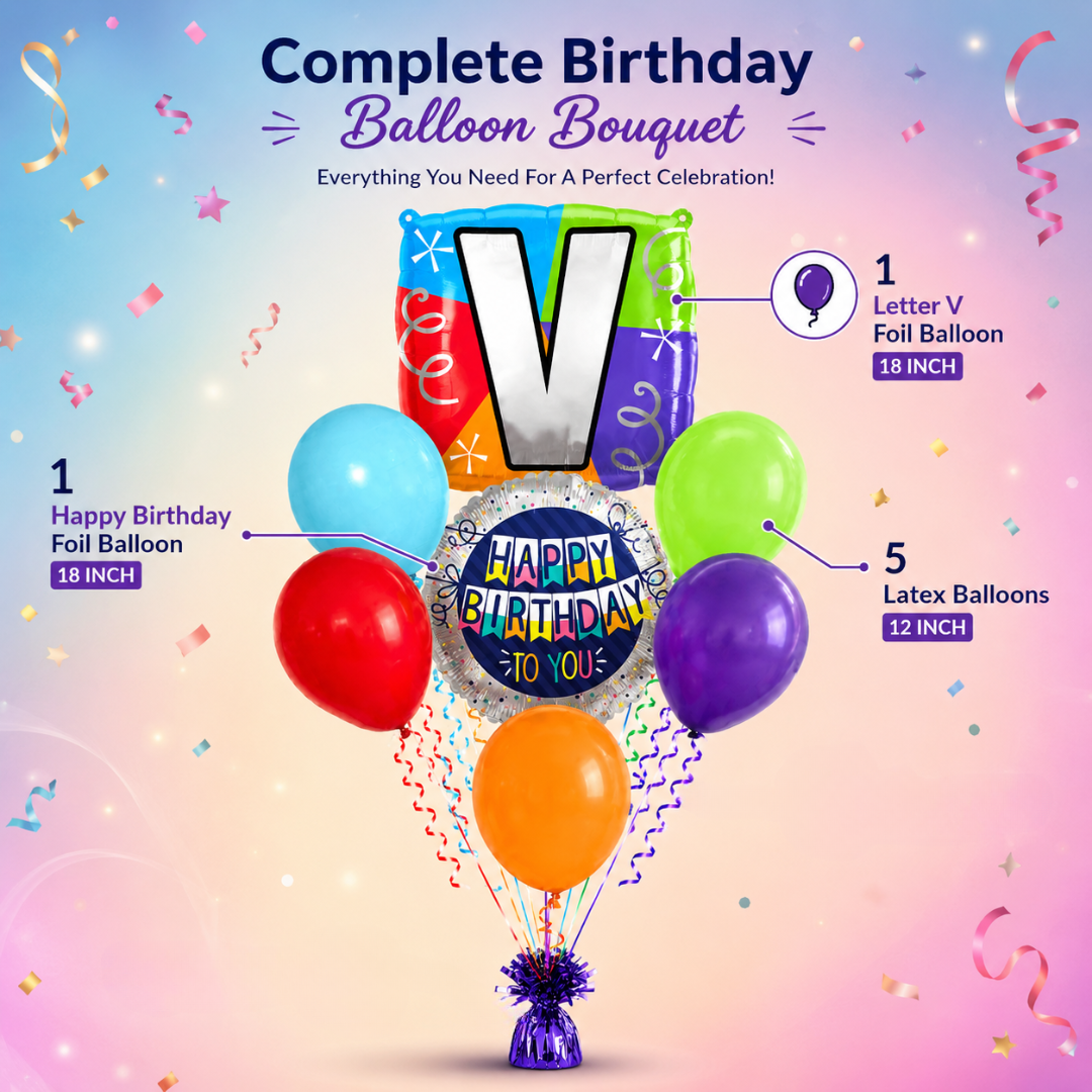 Customizable Alphabet "V" Square Shaped Balloon with Customized Name Stickers Bouquet Set of 7PC | Customizable Name Initial Balloons | Choose Your Name | Helium Filled & Delivers Inflated