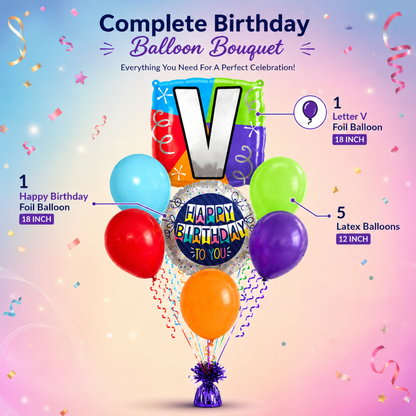 Customizable Alphabet "V" Square Shaped Balloon with Customized Name Stickers Bouquet Set of 7PC | Customizable Name Initial Balloons | Choose Your Name | Helium Filled & Delivers Inflated