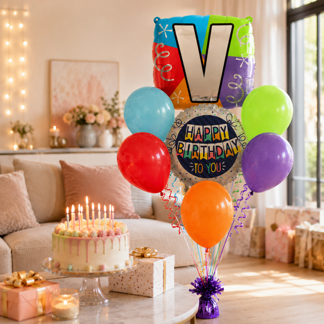 Customizable Alphabet "V" Square Shaped Balloon with Customized Name Stickers Bouquet Set of 7PC | Customizable Name Initial Balloons | Choose Your Name | Helium Filled & Delivers Inflated