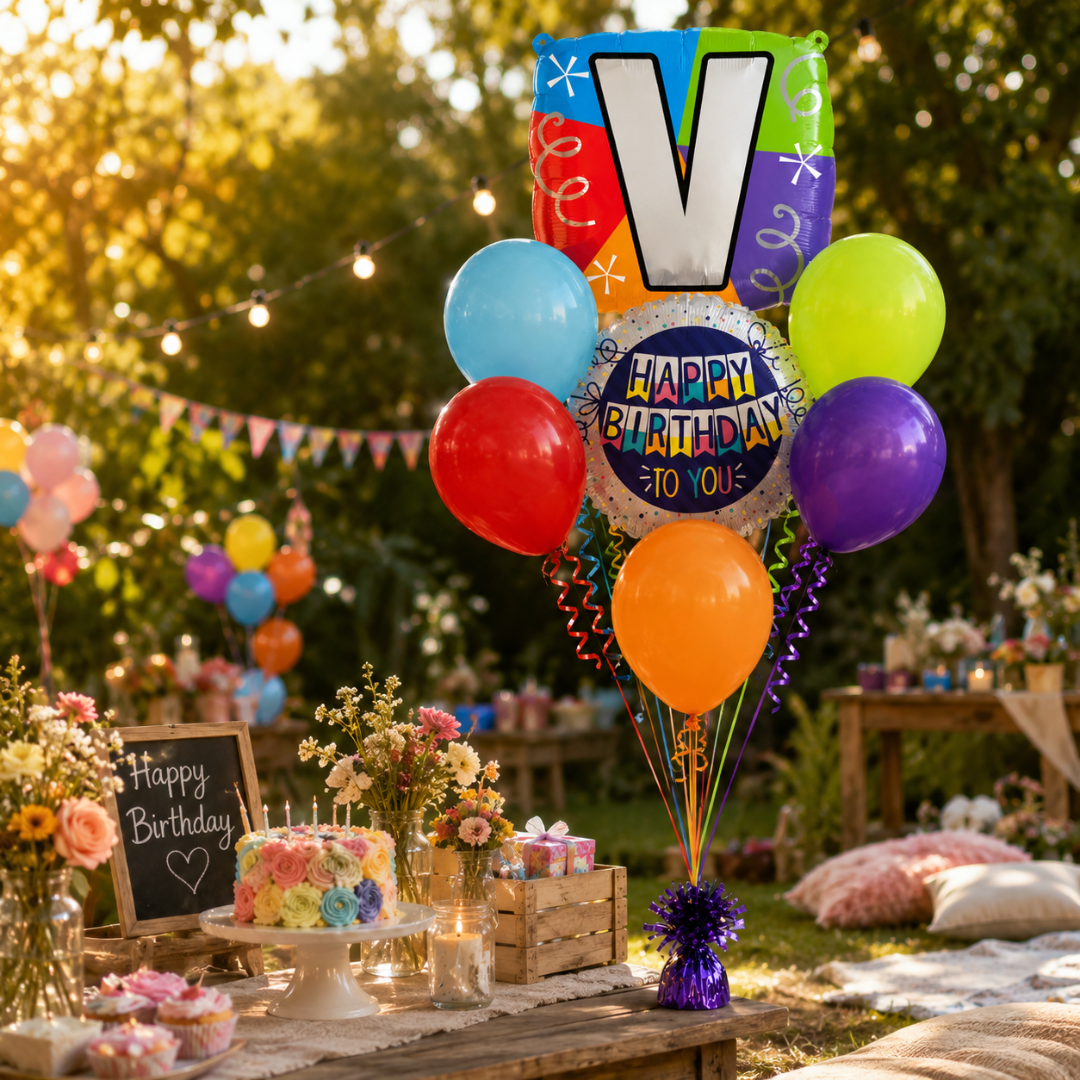 Customizable Alphabet "V" Square Shaped Balloon with Customized Name Stickers Bouquet Set of 7PC | Customizable Name Initial Balloons | Choose Your Name | Helium Filled & Delivers Inflated