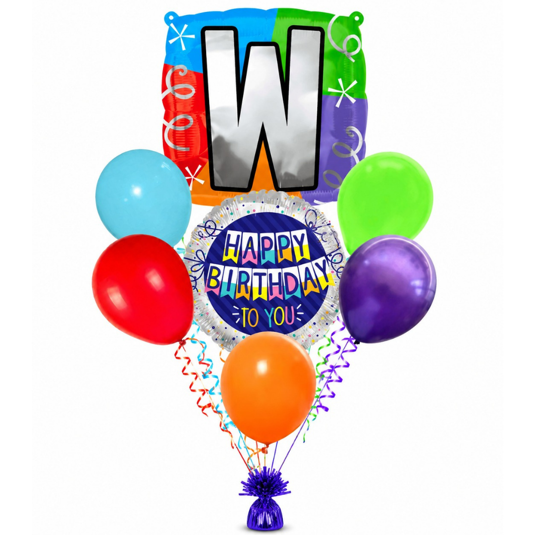 Customizable Alphabet "W" Square Shaped Balloon with Customized Name Stickers Bouquet Set of 7PC | Customizable Name Initial Balloons | Choose Your Name | Helium Filled & Delivers Inflated