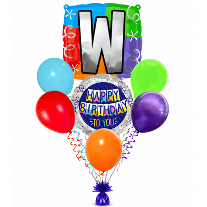 Customizable Alphabet "W" Square Shaped Balloon with Customized Name Stickers Bouquet Set of 7PC | Customizable Name Initial Balloons | Choose Your Name | Helium Filled & Delivers Inflated