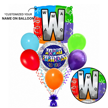 Customizable Alphabet "W" Square Shaped Balloon with Customized Name Stickers Bouquet Set of 7PC | Customizable Name Initial Balloons | Choose Your Name | Helium Filled & Delivers Inflated