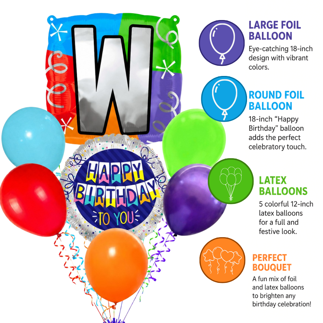 Customizable Alphabet "W" Square Shaped Balloon with Customized Name Stickers Bouquet Set of 7PC | Customizable Name Initial Balloons | Choose Your Name | Helium Filled & Delivers Inflated