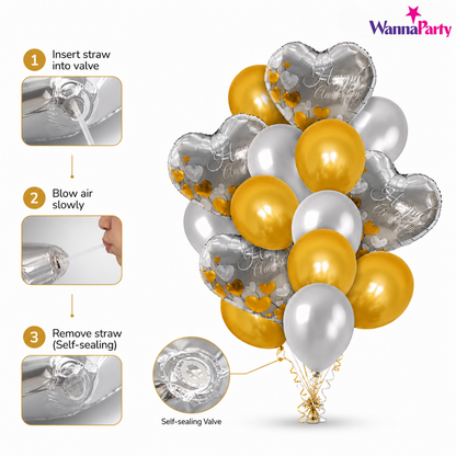Anniversary Balloon Decoration Set Silver & Gold (16 Pcs) Helium Filled & Pre-Inflated