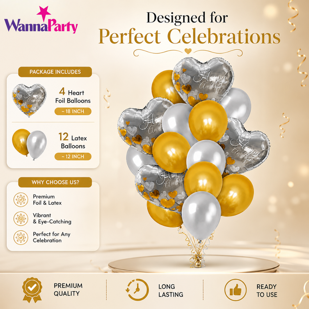 Anniversary Balloon Decoration Set Silver & Gold (16 Pcs) Helium Filled & Pre-Inflated