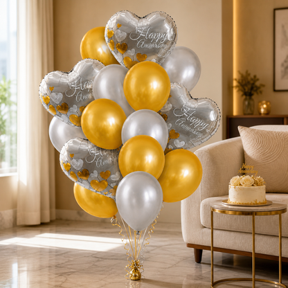 Happy Anniversary Silver & Gold Balloon Set - 16PC