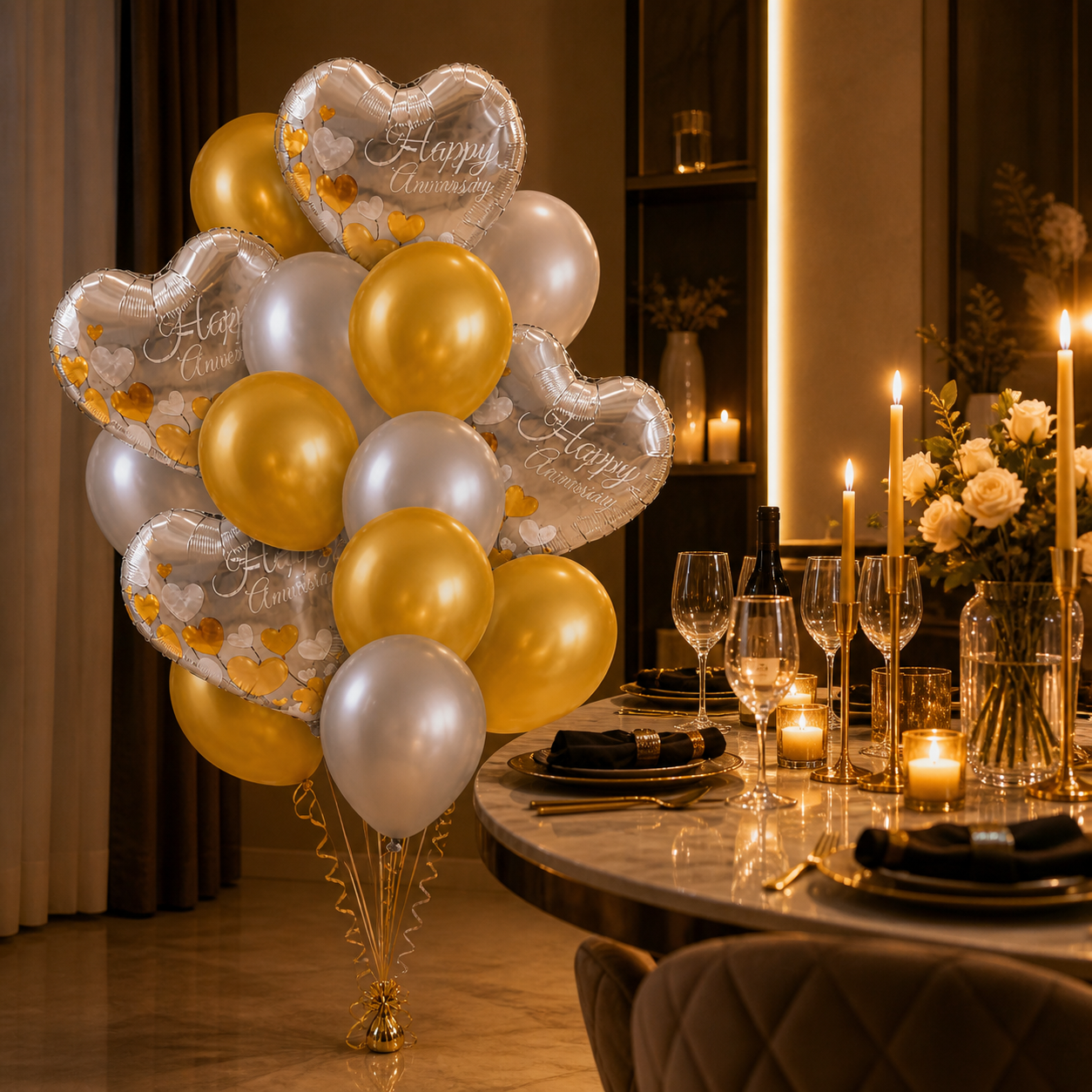 Anniversary Balloon Decoration Set Silver & Gold (16 Pcs) Helium Filled & Pre-Inflated