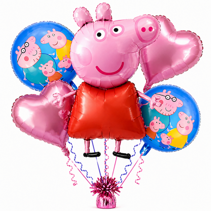 Oink Oink - Muddy Peppa Pig Helium Fiilled Balloon Bouquet Set of 5PC| Pre-Inflated & Delivered | Party Decoration