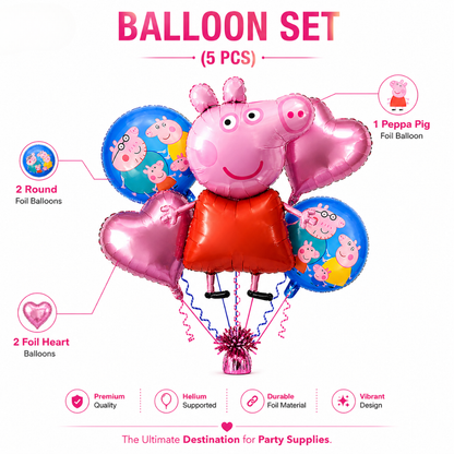 Oink Oink - Muddy Peppa Pig Helium Fiilled Balloon Bouquet Set of 5PC| Pre-Inflated & Delivered | Party Decoration