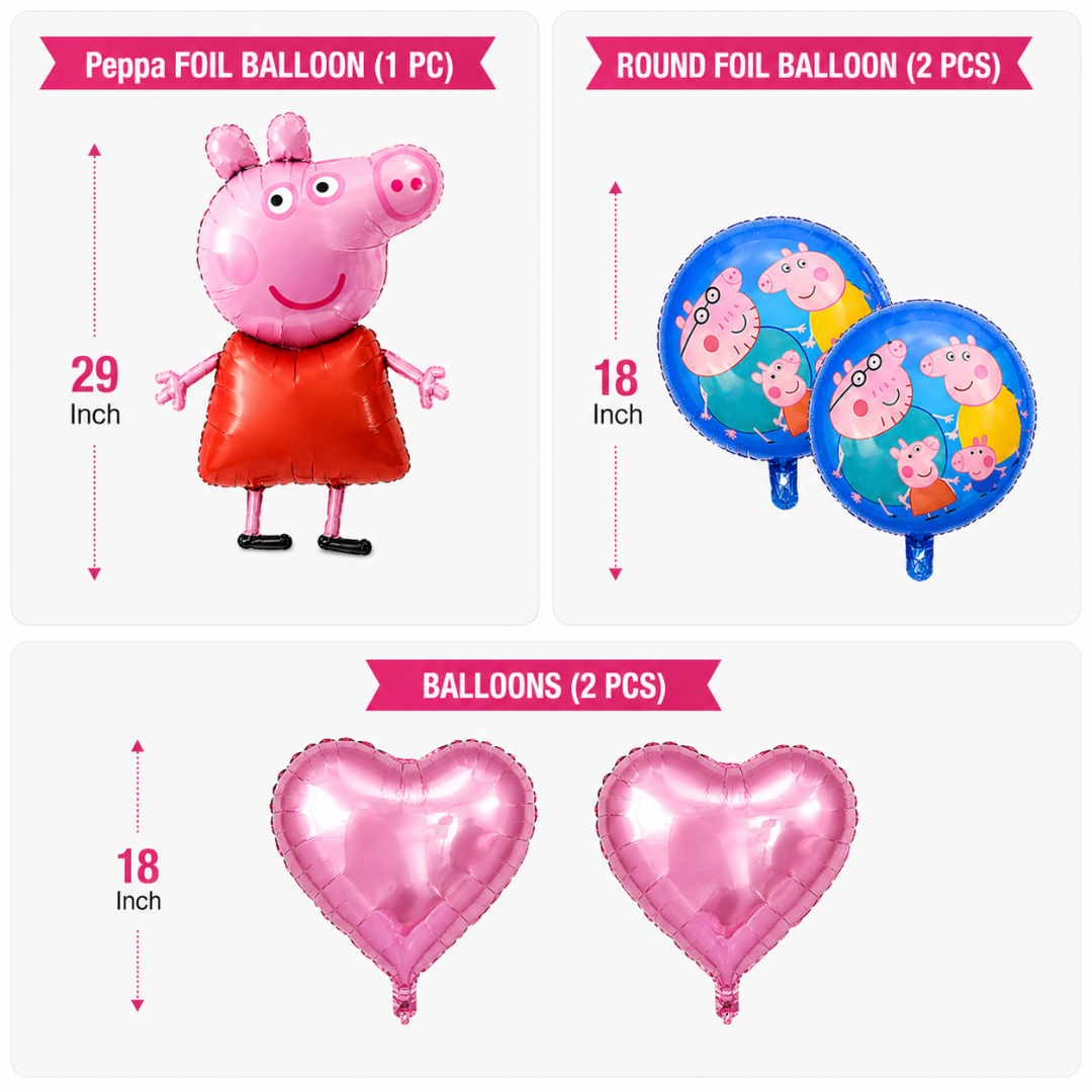 Oink Oink - Muddy Peppa Pig Helium Fiilled Balloon Bouquet Set of 5PC| Pre-Inflated & Delivered | Party Decoration