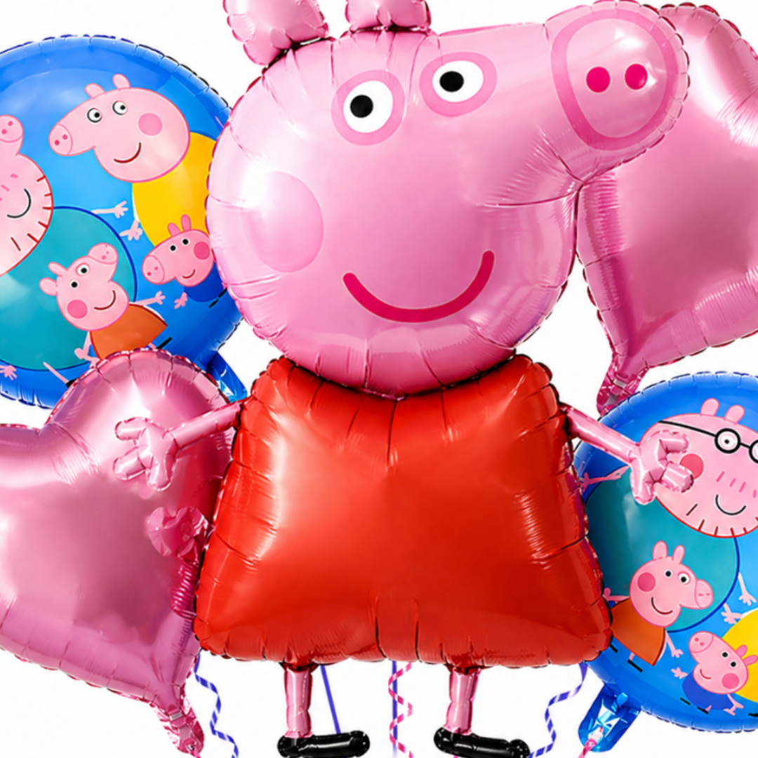 Oink Oink - Muddy Peppa Pig Helium Fiilled Balloon Bouquet Set of 5PC| Pre-Inflated & Delivered | Party Decoration