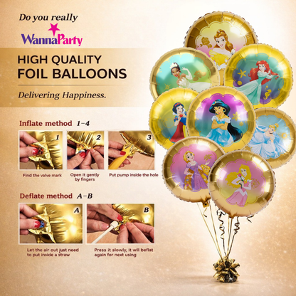 Princess Birthday Helium Filled Foil Balloon Bouquet Set of 8 | Pre-Inflated & Delivered