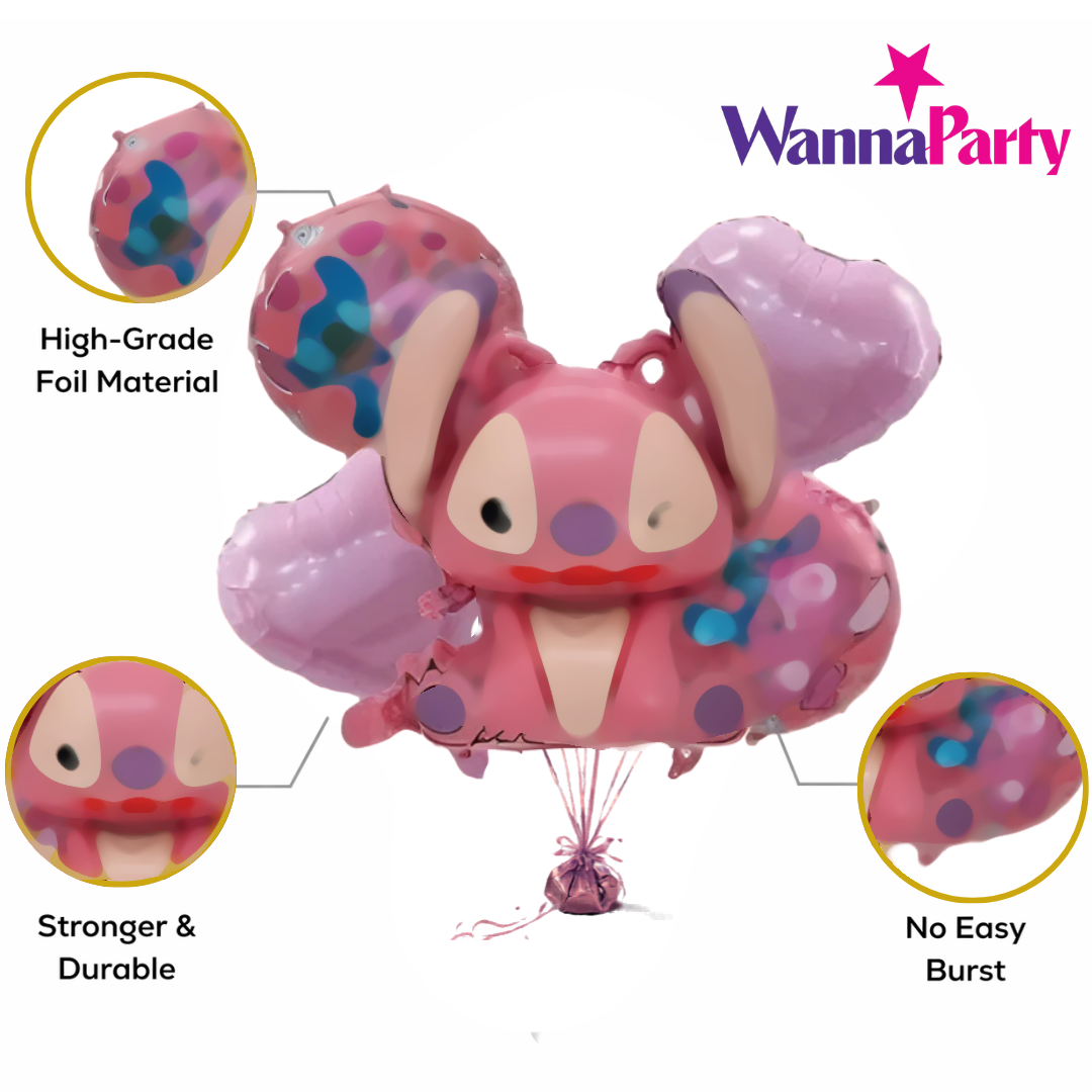 Cute Pink Stitch Cartoon Girl Theme Balloon Bouquet Set (5 Pcs) Helium Filled & Delivered Inflated