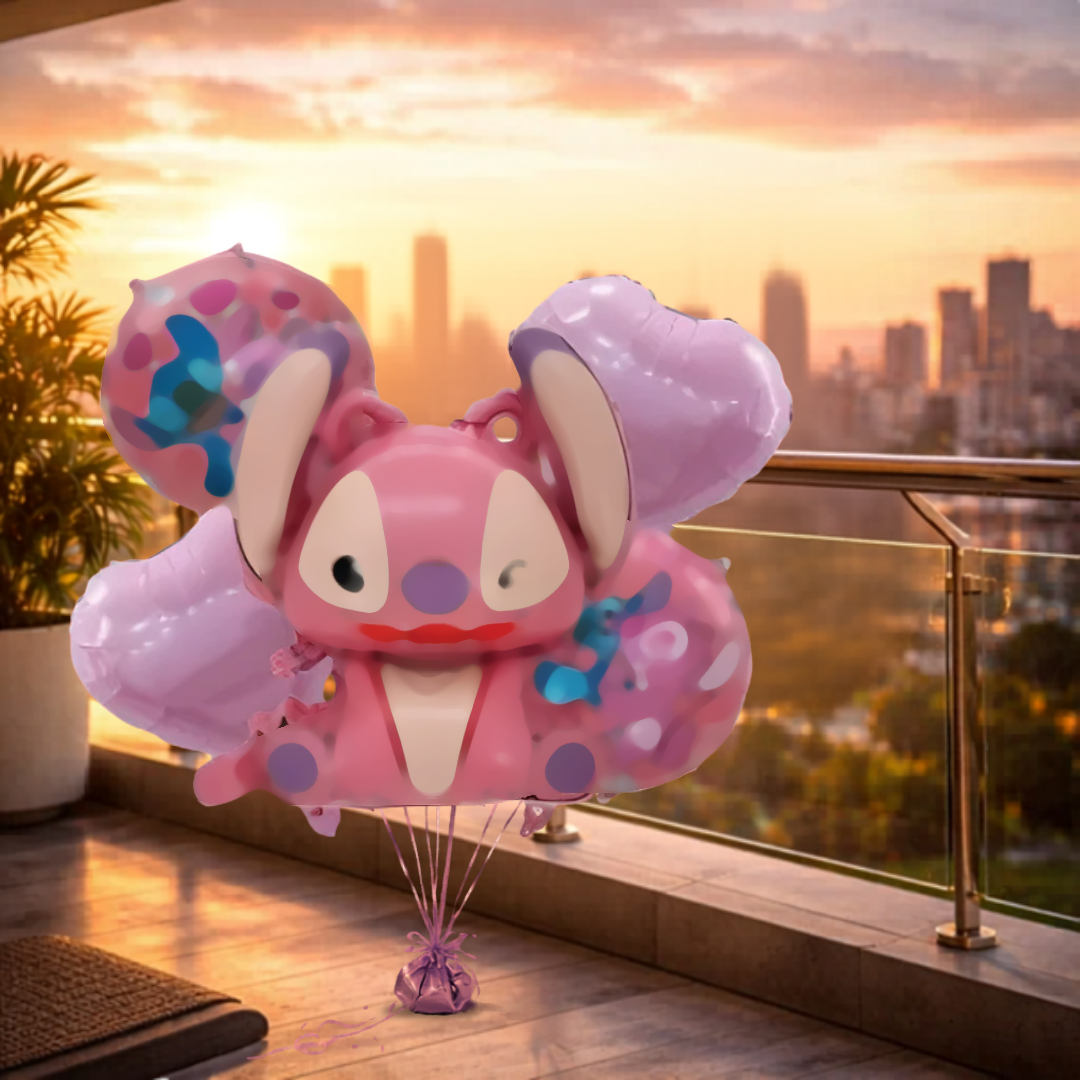 Cute Pink Stitch Cartoon Girl Theme Balloon Bouquet Set (5 Pcs) Helium Filled & Delivered Inflated