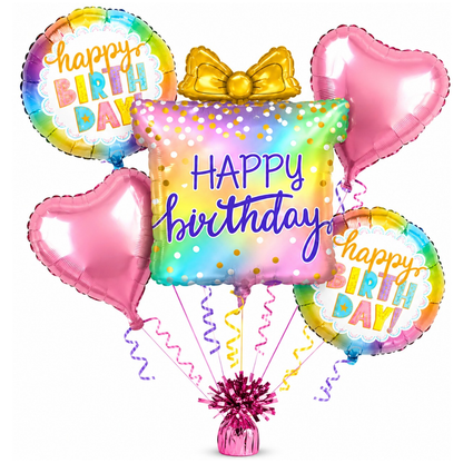 Colorful Gift Box Helium Balloon Set of 5 (Gift Box Supershape + 2 Heart Shaped + 2 Happy Birthday Printed Balloons) | Pre-Inflated & Delivered | Birthday Decoration