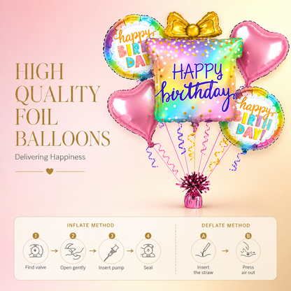 Colorful Gift Box Helium Balloon Set of 5 (Gift Box Supershape + 2 Heart Shaped + 2 Happy Birthday Printed Balloons) | Pre-Inflated & Delivered | Birthday Decoration