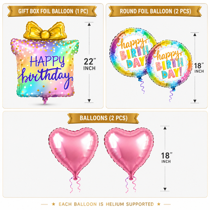 Colorful Gift Box Helium Balloon Set of 5 (Gift Box Supershape + 2 Heart Shaped + 2 Happy Birthday Printed Balloons) | Pre-Inflated & Delivered | Birthday Decoration