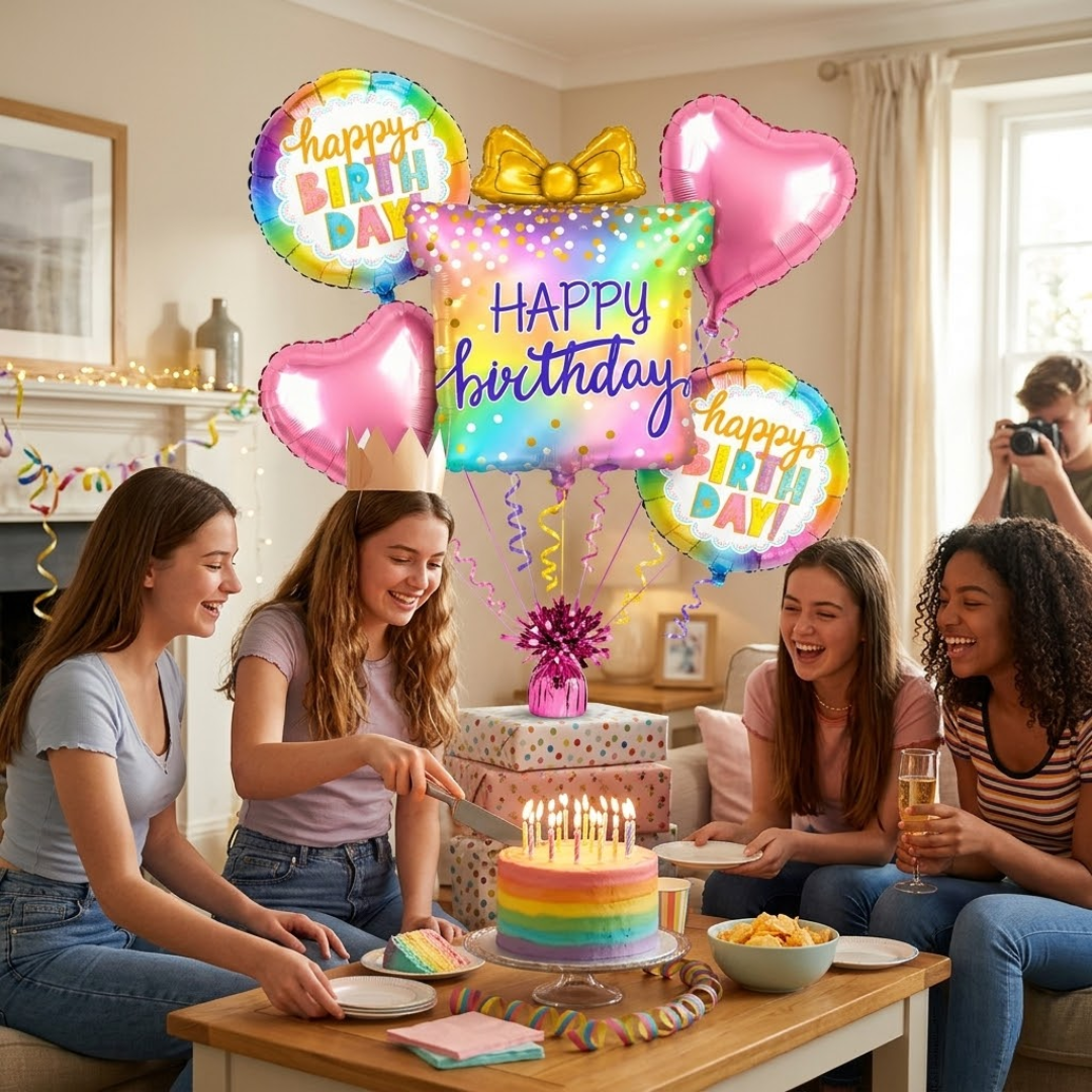 Colorful Gift Box Helium Balloon Set of 5 (Gift Box Supershape + 2 Heart Shaped + 2 Happy Birthday Printed Balloons) | Pre-Inflated & Delivered | Birthday Decoration