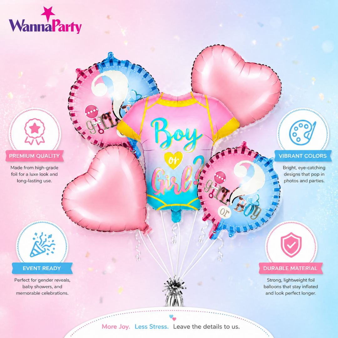 Baby Shower Helium Filled Balloon Bouquet Set of 5 | Blue & Pink Baby Welcome Balloons | Pre-Inflated Decoration for Newborn Celebration