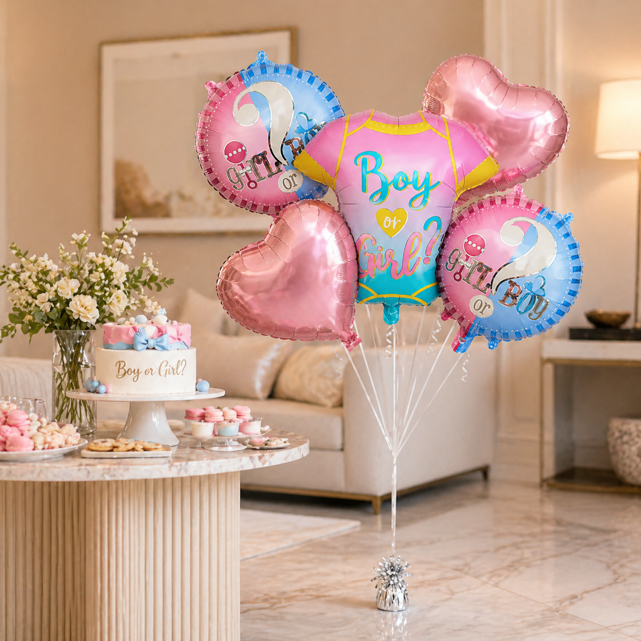 Baby Shower Helium Filled Balloon Bouquet Set of 5 | Blue & Pink Baby Welcome Balloons | Pre-Inflated Decoration for Newborn Celebration