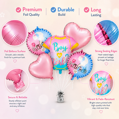 Baby Shower Helium Filled Balloon Bouquet Set of 5 | Blue & Pink Baby Welcome Balloons | Pre-Inflated Decoration for Newborn Celebration