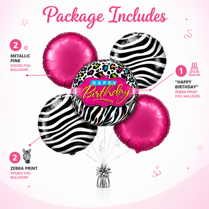 Happy Birthday Black & Pink Helium Filled Balloon Bouquet Set of 5 | Pre-Inflated Foil Balloons | Birthday Party Decoration