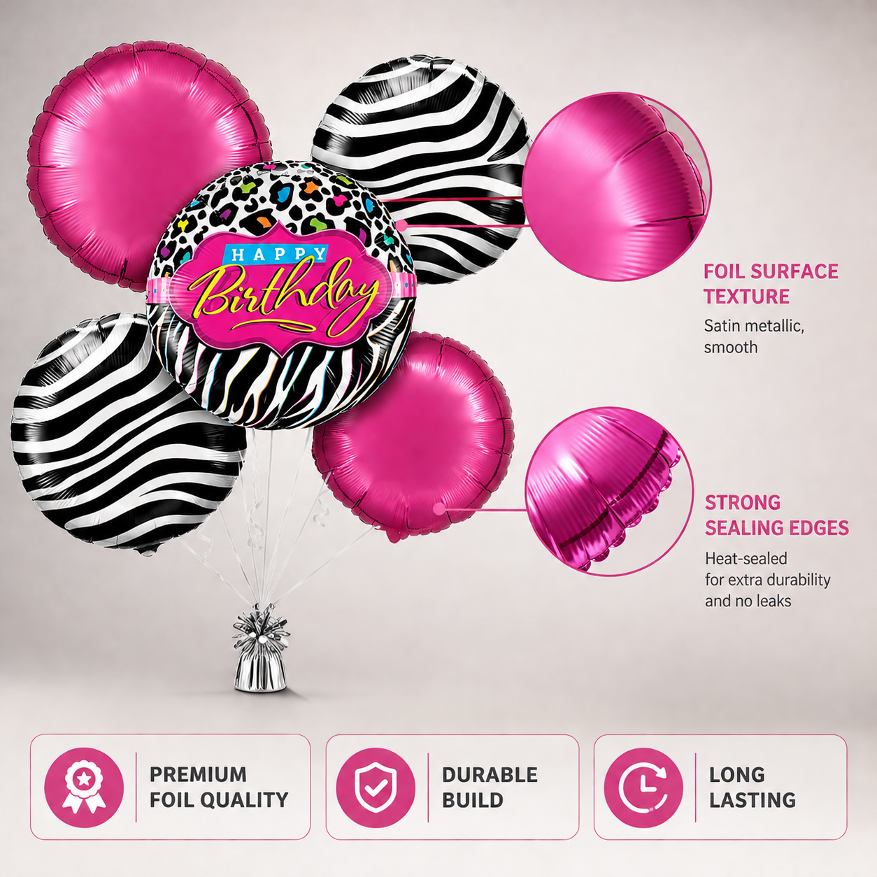 Happy Birthday Black & Pink Helium Filled Balloon Bouquet Set of 5 | Pre-Inflated Foil Balloons | Birthday Party Decoration